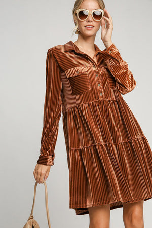 Open image in slideshow, Umgee Texture Tiered Collared Long Sleeve Dress
