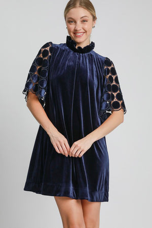 Open image in slideshow, Umgee Dotted Lace Half Sleeve Mock Neck Back Tie Velvet Dress
