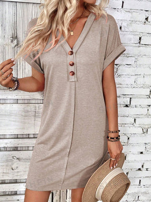 Open image in slideshow, Quarter Button V-Neck Short Sleeve Dress
