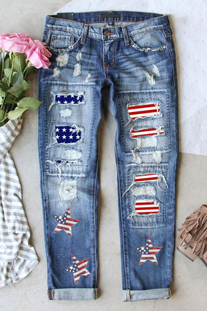 Open image in slideshow, US Flag Mid-Rise Waist Straight Jeans
