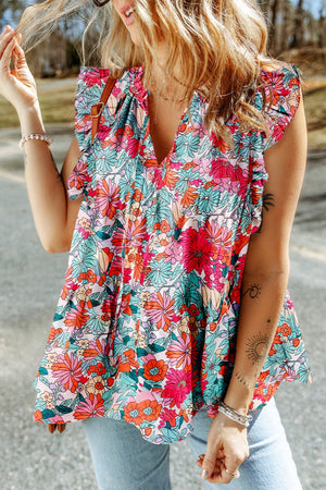 Open image in slideshow, Ruffled Printed Tie Neck Cap Sleeve Blouse
