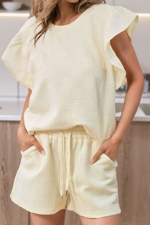 Open image in slideshow, Ruffled Round Neck Top and Drawstring Shorts Set
