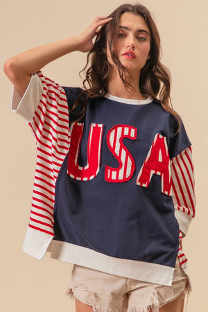 Open image in slideshow, BiBi USA Letter Patchwork Contrast Short Sleeve T-Shirt
