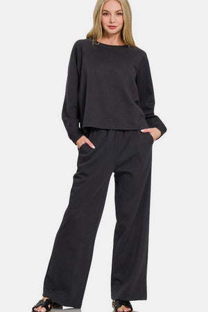 Open image in slideshow, Zenana Round Neck Raglan Sleeve Top and Elastic Waist Pants Set
