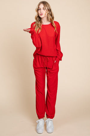 Open image in slideshow, Super Lady Full Size Crinkle Check Round Neck Top and Pants Lounge Set
