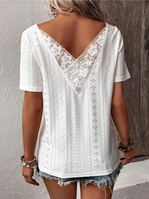 Open image in slideshow, Lace Detail Eyelet Short Sleeve Blouse
