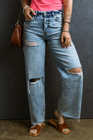 Open image in slideshow, Distressed Raw Hem Straight Jeans
