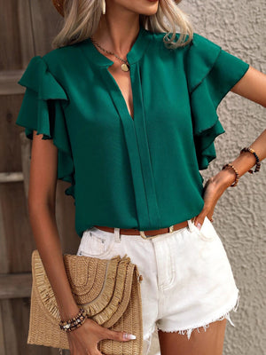 Open image in slideshow, Ruffled Notched Short Sleeve Blouse
