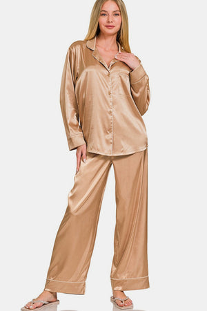 Open image in slideshow, Zenana Satin Long Sleeve Shirt and Pants Pajama Set
