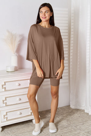 Open image in slideshow, Basic Bae Full Size Soft Rayon Three-Quarter Sleeve Top and Shorts Set
