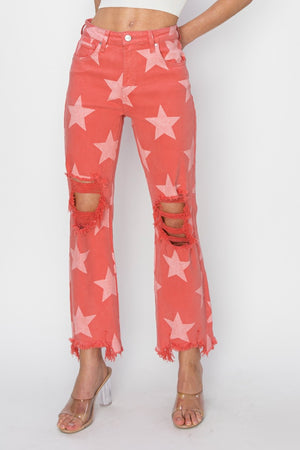 Open image in slideshow, RISEN Full Size Distressed Raw Hem Star Pattern Jeans
