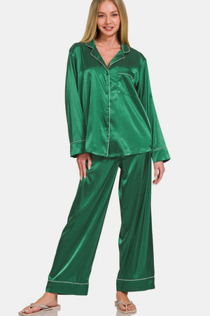 Open image in slideshow, Zenana Satin Long Sleeve Shirt and Pants Pajama Set
