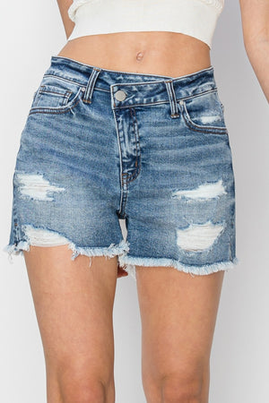 Open image in slideshow, RISEN Stepped Waist Frayed Denim Shorts
