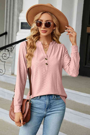 Open image in slideshow, Notched Neck Long Sleeve Buttoned Blouse
