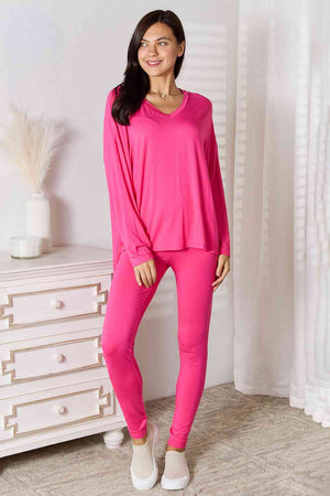Open image in slideshow, Basic Bae Full Size V-Neck Soft Rayon Long Sleeve Top and Pants Lounge Set

