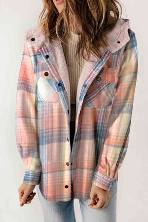 Open image in slideshow, Plaid Snap Down Hooded Jacket
