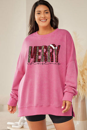 Plus Size MERRY CHRISTMAS Round Neck Slit Sweatshirt