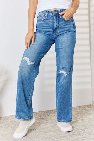 Open image in slideshow, Judy Blue Full Size High Waist Distressed Straight-Leg Jeans
