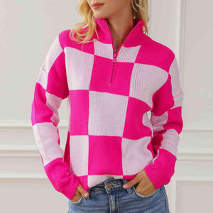 Open image in slideshow, Checkered Half Zip Long Sleeve Sweater
