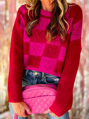 Open image in slideshow, Plaid Heart Round Neck Sweater
