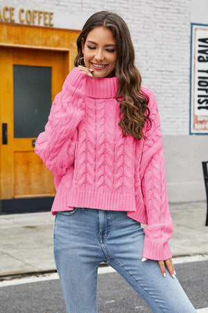 Open image in slideshow, Turtleneck Cable-Knit  Long Sleeve Sweater
