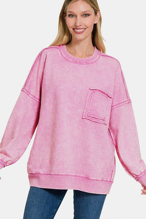 Open image in slideshow, Zenana Exposed Seam Round Neck Dropped Shoulder Sweatshirt
