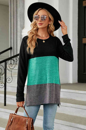 Open image in slideshow, Color Block Round Neck Long Sleeve Slit T-Shirt
