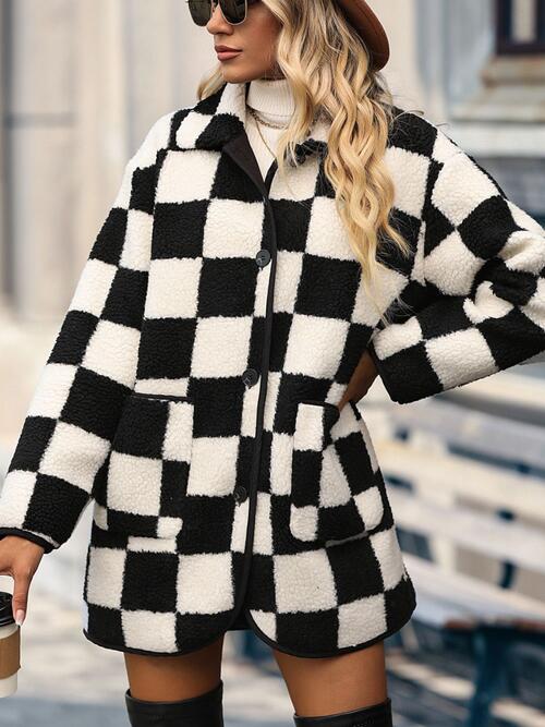 Double Take Full Size Checkered Button Front Coat with Pockets