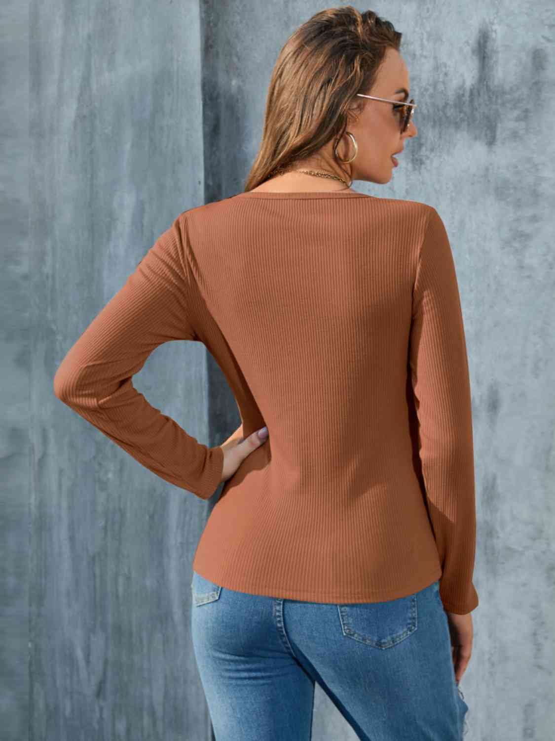 Buttoned Round Neck Long Sleeve T-Shirt