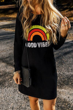 Open image in slideshow, GOOD VIBES Round Neck Long Sleeve Dress

