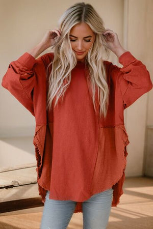 Open image in slideshow, Contrast Texture Round Neck Long Sleeve Blouse
