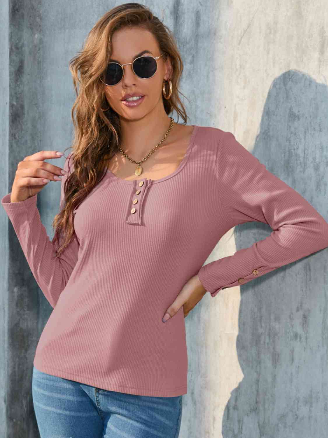 Buttoned Round Neck Long Sleeve T-Shirt