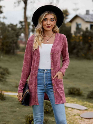 Open image in slideshow, Ribbed Button-Up Cardigan with Pockets
