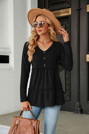 Open image in slideshow, Long Sleeve V-Neck Cable-Knit Blouse
