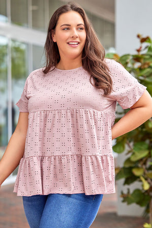 Open image in slideshow, Plus Size Eyelet Round Neck Short Sleeve Blouse
