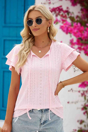 Open image in slideshow, Eyelet Tie-Neck Flutter Sleeve Blouse
