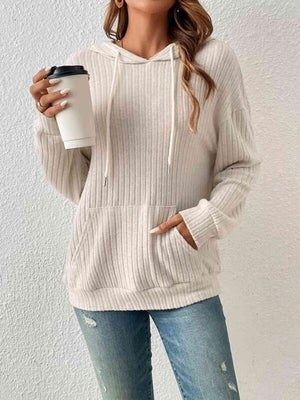 Open image in slideshow, Ribbed Dropped Shoulder Drawstring Hoodie
