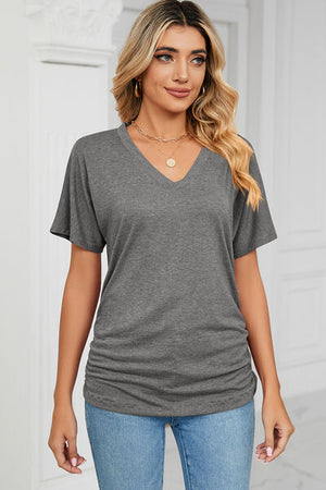 Open image in slideshow, Ruched V-Neck Short Sleeve T-Shirt
