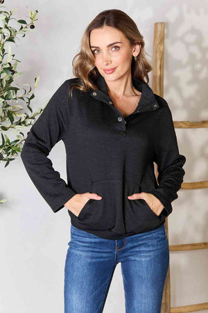 Open image in slideshow, Double Take Half Buttoned Collared Neck Sweatshirt with Pocket

